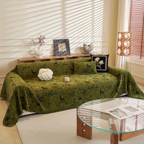 DREAMINGO Green Vintage Couch Cover Botanical Deer Jacquard Sofa Covers for 2 Cushion Couch Washable Chenille Furniture Protector Throw Slipcovers for Loveseat Sectional, Large 71"x118"