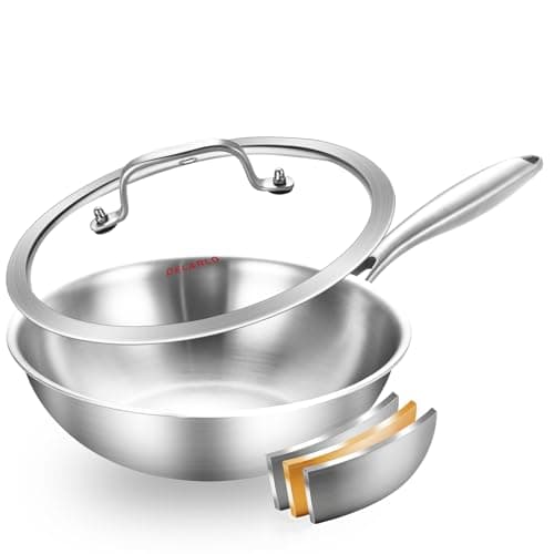 DELARLO Whole Body Tri-Ply Stainless Steel Pan 9.45 inch, Stainless Steel Woks & Stir-Fry Pans, Deep Kitchen Small Wok Pan with Lids, Induction Mini wok 9.45", Suitable for All Stove, Up to 650℉