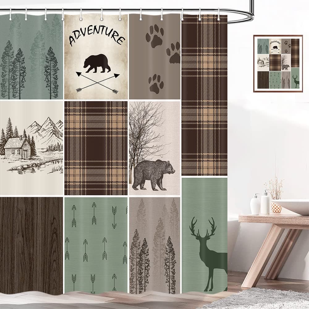 bzwcbei Cabin Retro Rustic Lodge Shower Curtain Bear Deer Country Hunting Wild Animal Fabric Shower Curtains Plaid Check Adventure Bathroom Curtain Liner with Hooks 69x70inches
