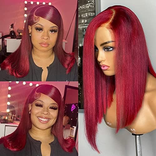 HIRIREMY Bob Wig Human Hair 13x4 HD Lace Frontal Short Straight Lace Front Bob Wigs for Black Women Human Hair Pre Plucked Glueless Side Part 180 Density Wine Red 99J Burgundy Color 16 Inch
