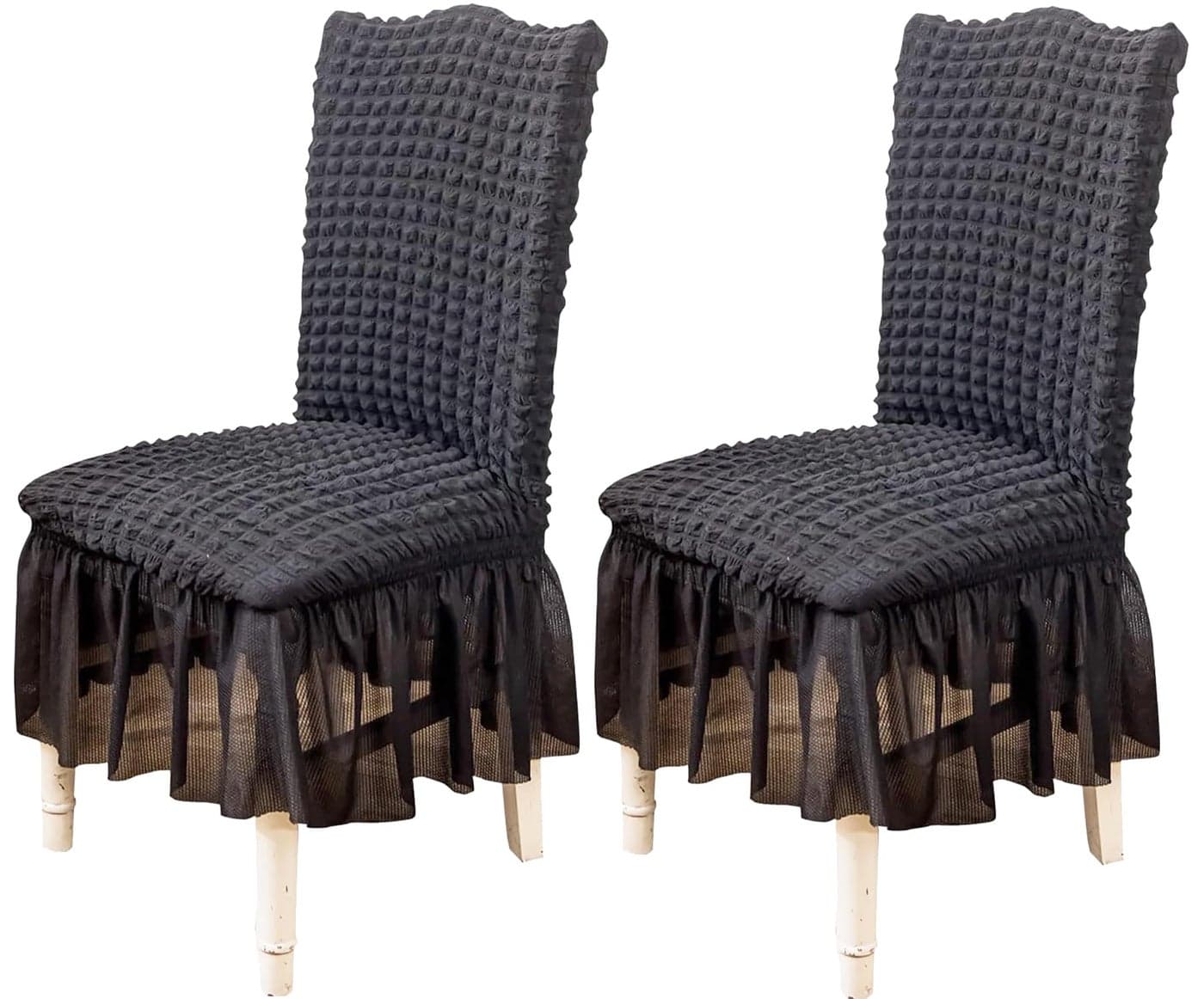 House of Quirk Polyester Turkish Bubble Frill Chair Cover Stretch Removable Washable Short Dining Chair Cover Protector Seat Slipcover (Grey, Pack Of 2)