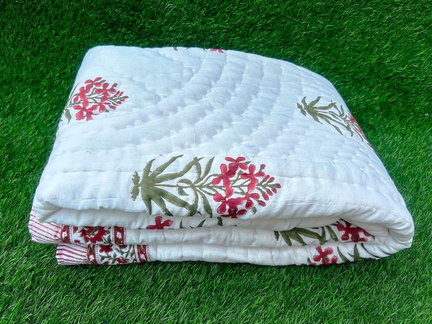 HOPEE SHOP Cotton Jaipuri Hand Block Floral Print Quilt Light Weight Pure Cotton Multi Color Singe Bed Soft AC QuiltRajai REDGreen Size 60X90 inch