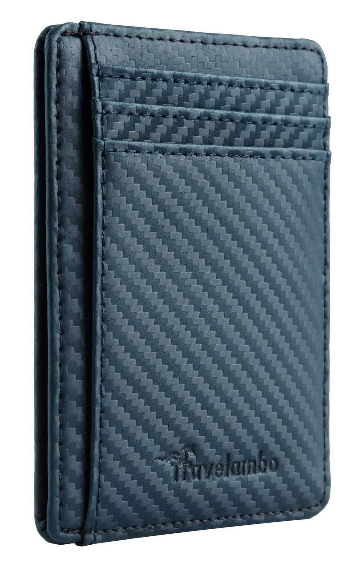 Travelambo Front Pocket Minimalist Leather Slim Wallet RFID Blocking Carbon Fiber Texture(Blue)