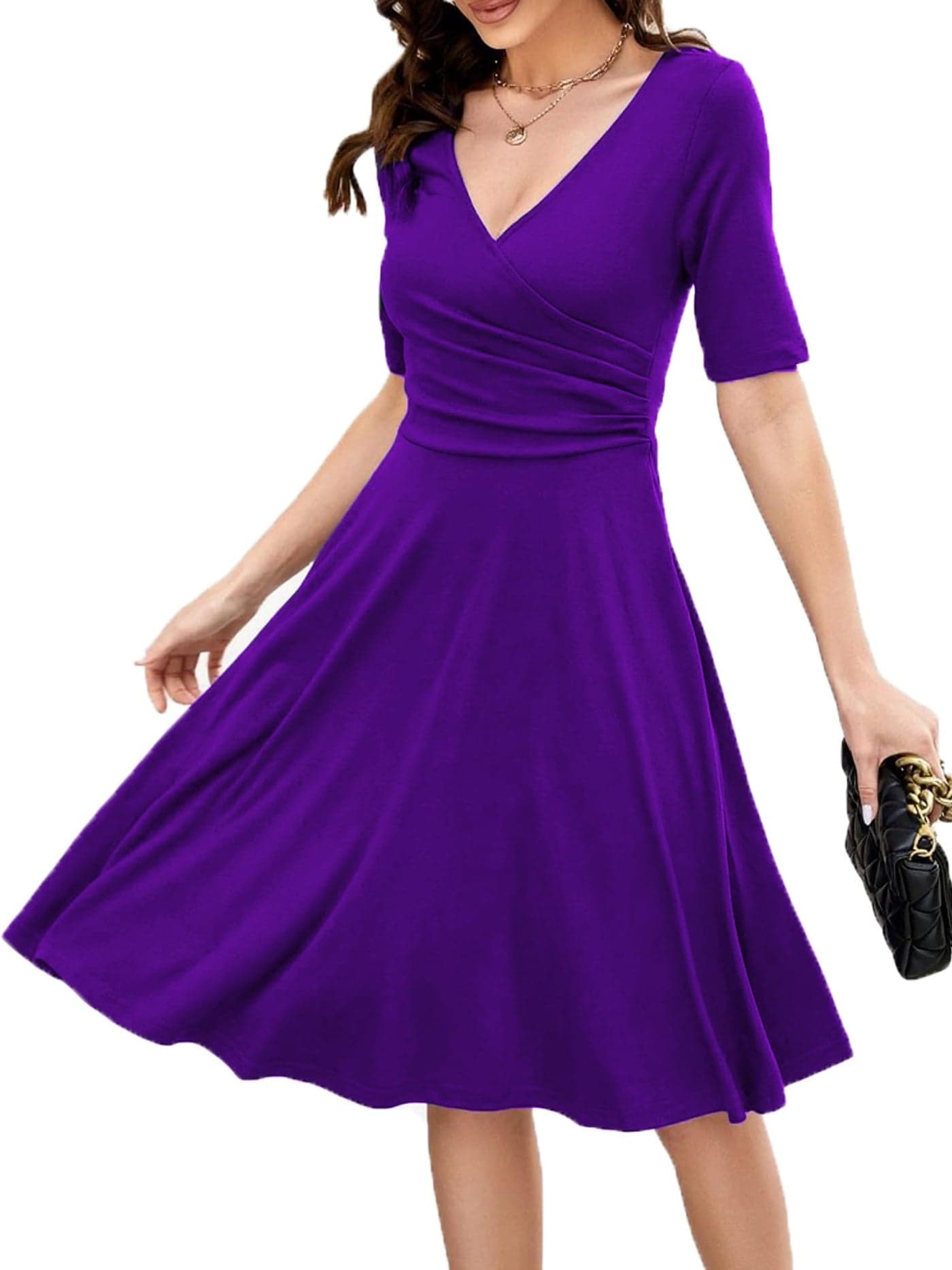 oxiuly Womens Vintage CrissCross Necklines Half Sleeve Floral Casual Work Party Cocktail Stretch Swing Midi Dress OX233 L Purple S5