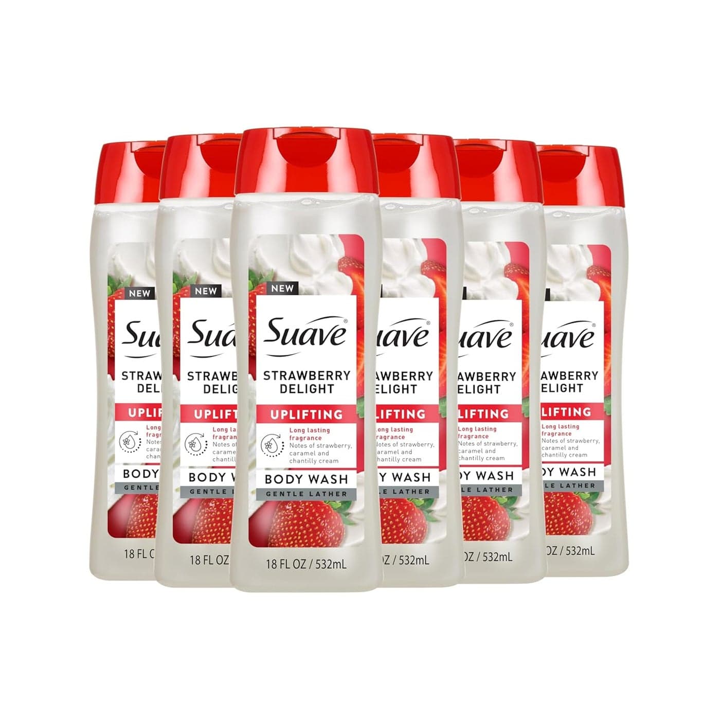 Suave Strawberry Delight Uplifting Body Wash Formulated with Glycerin and Vitamin E for Hydrating and Gently Cleansing Skin 18 oz 6 Pack