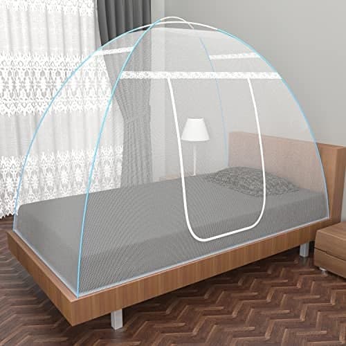 Fegore Foldable Mosquito Net Single Bed with Frame Machardani Lightweight Polyester Material Use One Adults or One Kids with Red Cover (Color - White Size - 6X3 Ft)