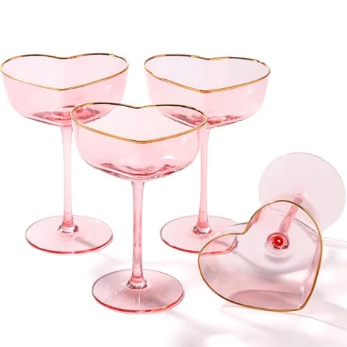 TrophyToast Pink Coupe Glasses Set of 4, Heart-Shaped Martini Glasses with Golden Rim, Fancy Manhattan, Cosmopolitan, Sidecar Cocktail Glassware for Christmas, Wedding, Birthdays - 8oz