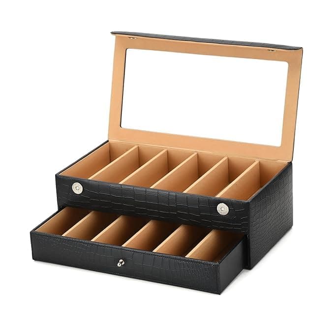 essart Sunglass Storage Box – 12 Slot Eyewear Organizer Case with Glass Lid, Dust-Free & Premium Faux Leather Finish Double Storey Magnetic Closure Sunglasses Box Organizer Black Colour