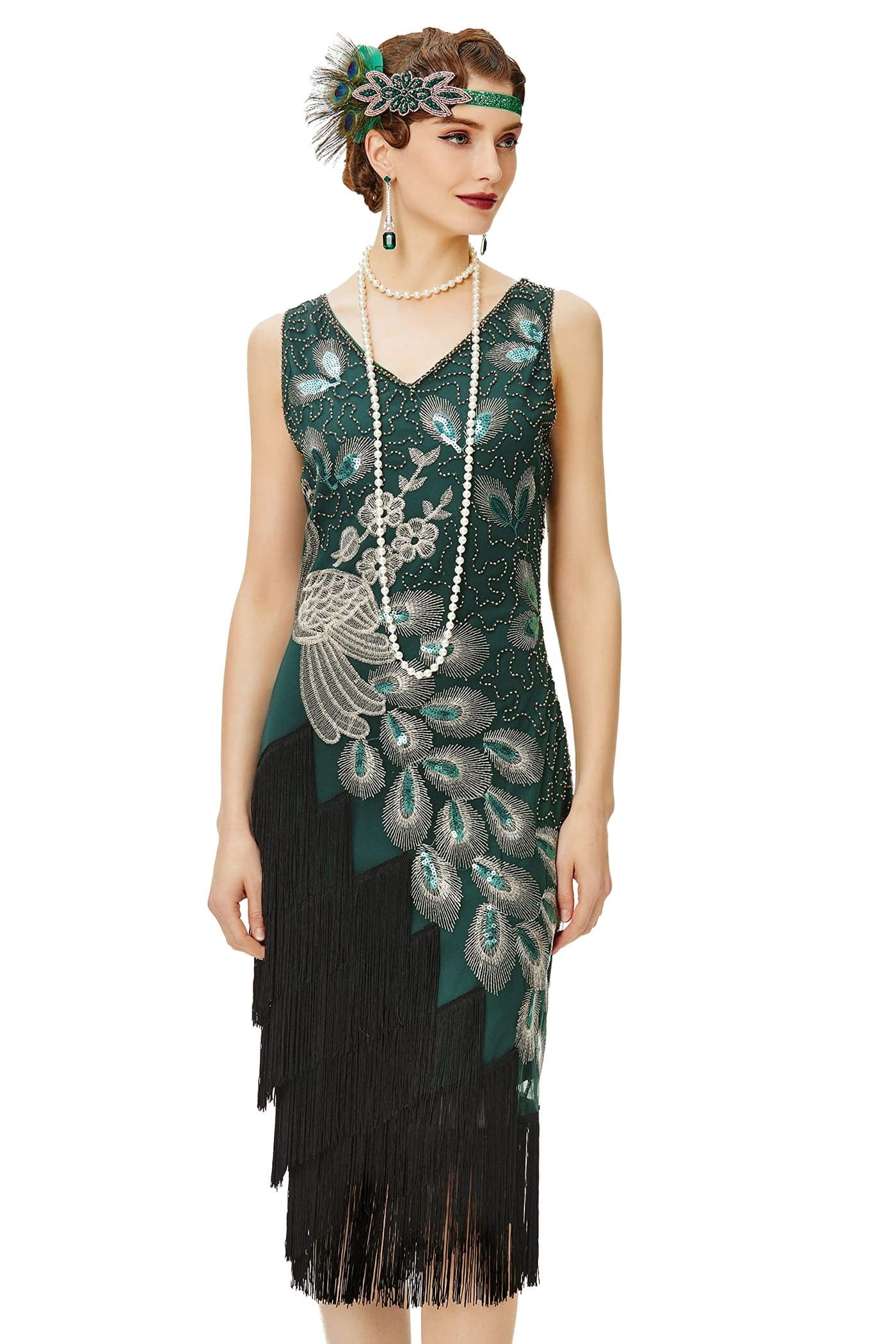 BABEYOND 1920s Vintage Peacock Sequined Dress Gatsby Fringed Flapper Dress Roaring 20s Party