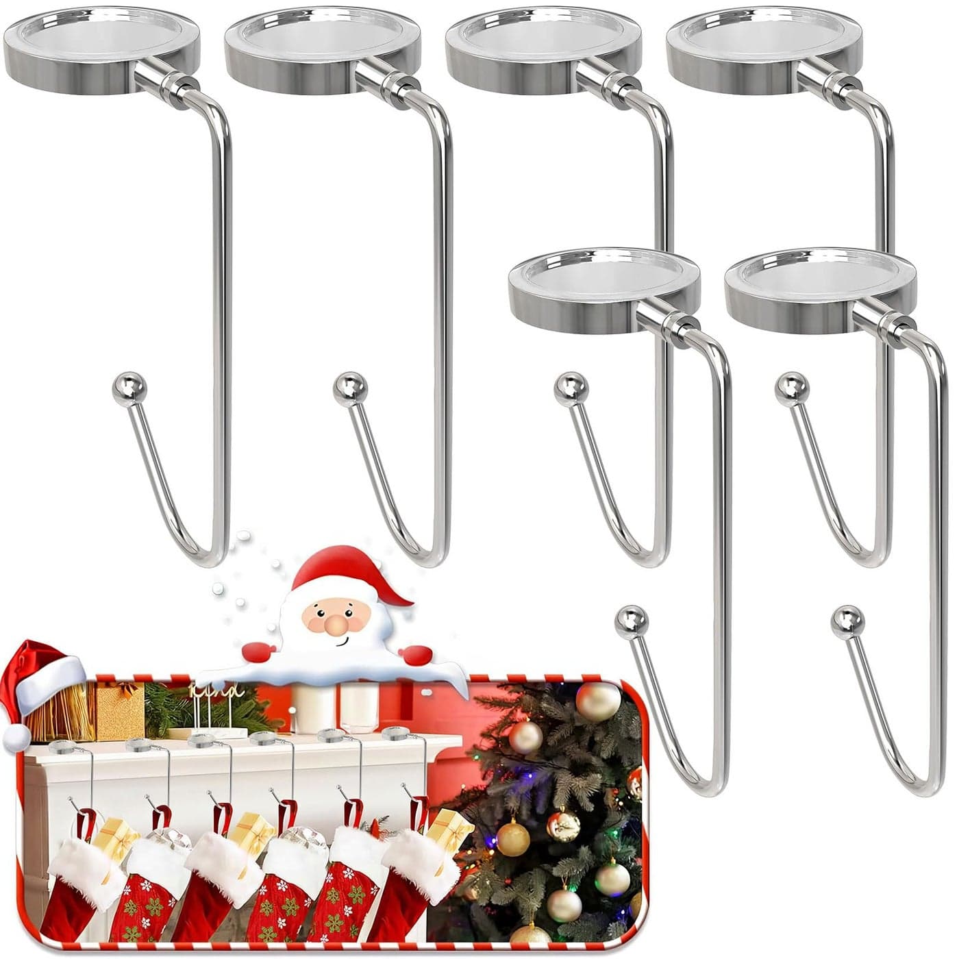 365park Christmas Stocking Holders for Mantle 6 Pack Mantel Stocking Hangers Metal Hooks for Fireplace Christmas Xmas Party Decoration Silver