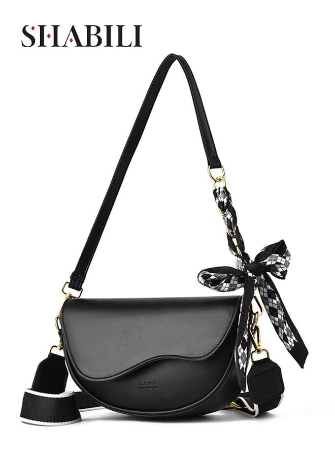 Women PU Shoulder Bag Crossbody Satchel Underarm Saddle Handbag, Ladies Youth Large-Capacity Multi-Pocket Cross Bags with Adjustable Strap & Detachable Scarf Bow for Daily Casual Party Travel (Black)
