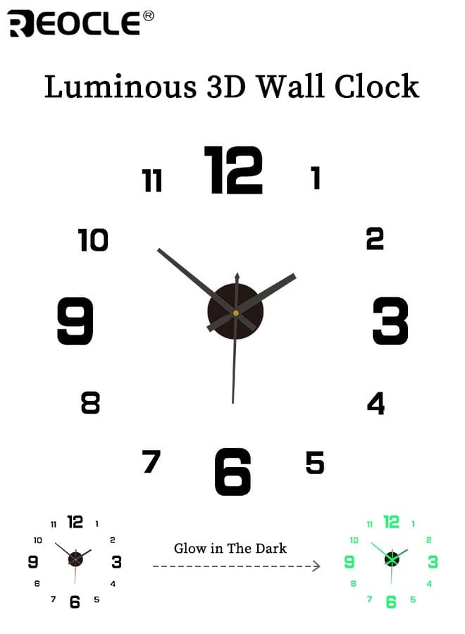 Luminous 3D Wall Clock with Silent Mechanism Sticker Mixed Numbers Glow in The Dark Battery-powered Clock Suitable for Home Living Room Bedroom Decoration 19.7''*19.7''