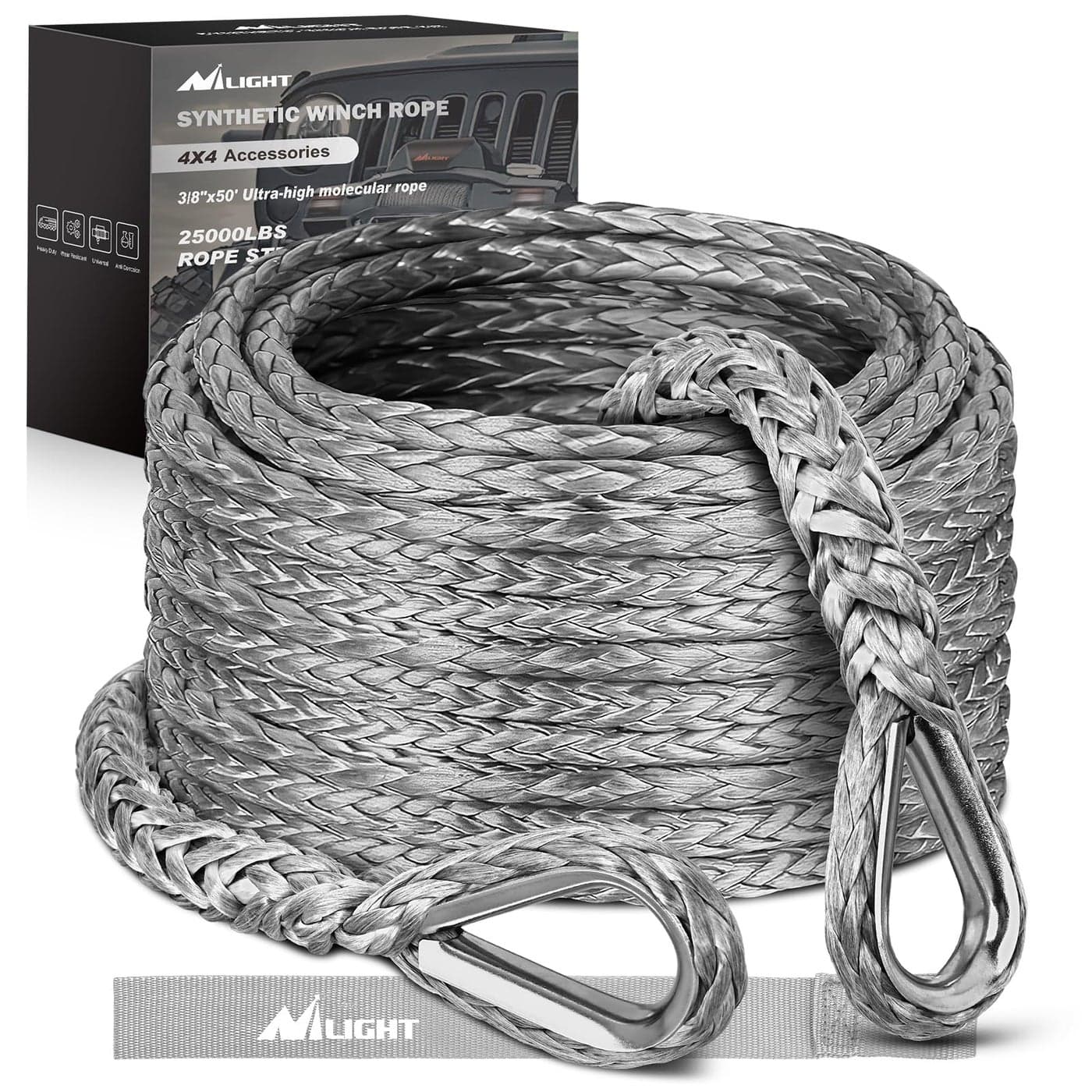 Nilight Synthetic Winch Rope Extension 38 Inch x 50 Feet 25000 Lbs ATV Winch Extension Cable Replacement Tow Ropes Line for Off Road Vehicle Polaris ATV UTV Truck SUV Jeep Grey