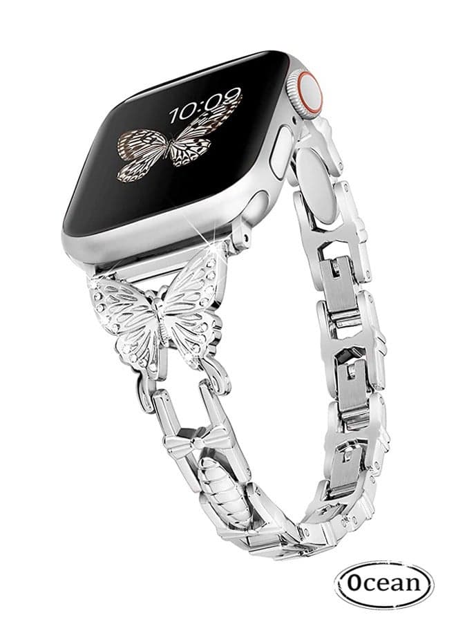 Shiny Diamond On erfly Jewelry Metal Strap For Apple Watch SE Series 8/7/6/5/4/3/2/1 (Silver, 38mm/40mm/41mm)