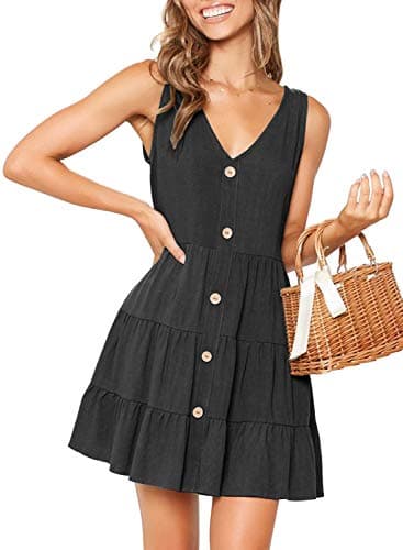 MITILLY Women's Summer Sleeveless V Neck Button Down Casual Pocket Swing Short Dress X-Large Black