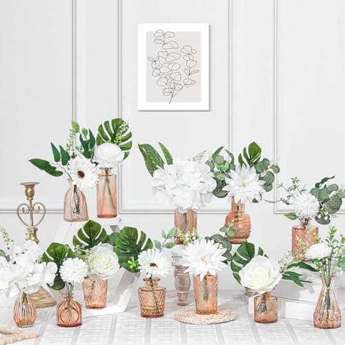 FoldTier 108 Pcs Artificial Flowers in Vase 96 Pcs Faux Greenery Stem Table Centerpiece Fake Plants Silk Roses Arrangement 12 Pcs Glass Vase Sets for Wedding Bathroom Home Dining Decor(Champagne)