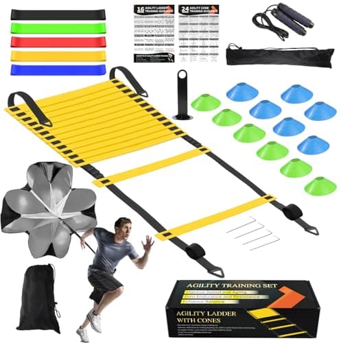 Speed Agility Training Equipment Set Agility Ladder 20ft 12 Football Cones Resistance Running Parachute Jump Rope 5 Resistance Bands Football Soccer Basketball Fitness Drills for Kids Adults