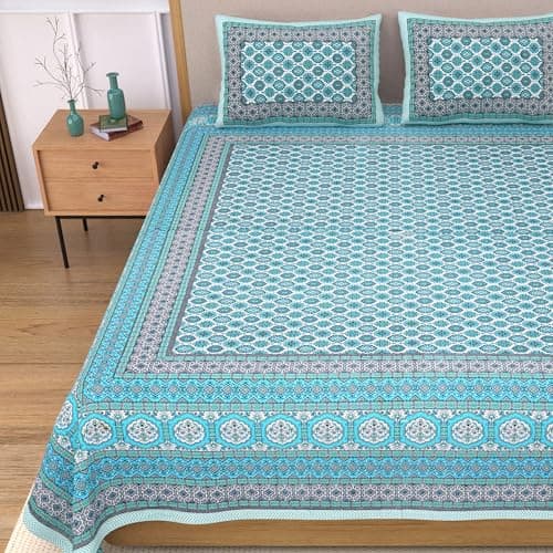 EasyGoods® 100% Pure Cotton Jaipuri Bedsheet with Pillow Covers | Soft & Breathable Fabric | Traditional Floral Print | Cotton Bedsheet (Blue 8, King)
