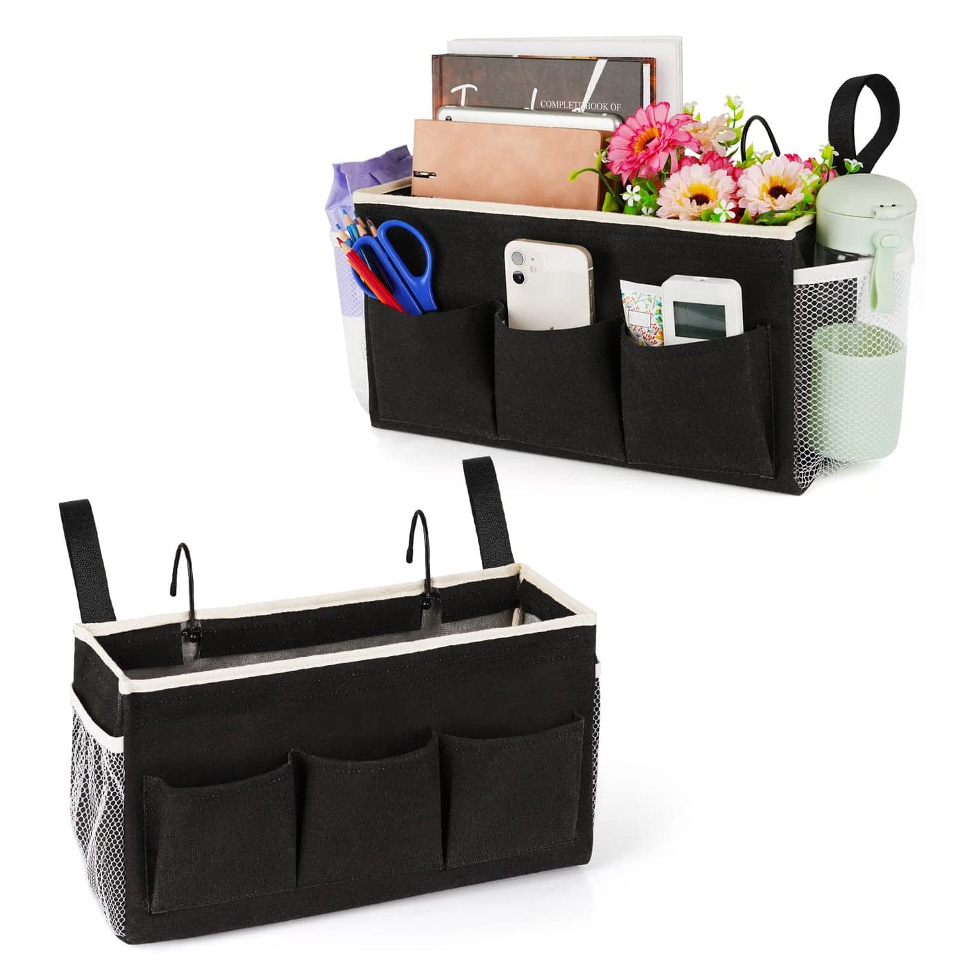 Lilithye Bedside Caddy Bedside Organizer Bedside Storage Caddy with Fixed Straps and Water Bottle Holder for Home College Dorm Bunk Bed Hospital Bed Crib Bed Rails 2pcs Black
