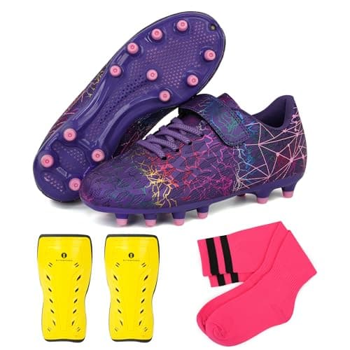 brooman Kids Firm Ground Soccer Cleats Girls Football Cleats with Shin Guards and Soccer Socks (8,Purple)