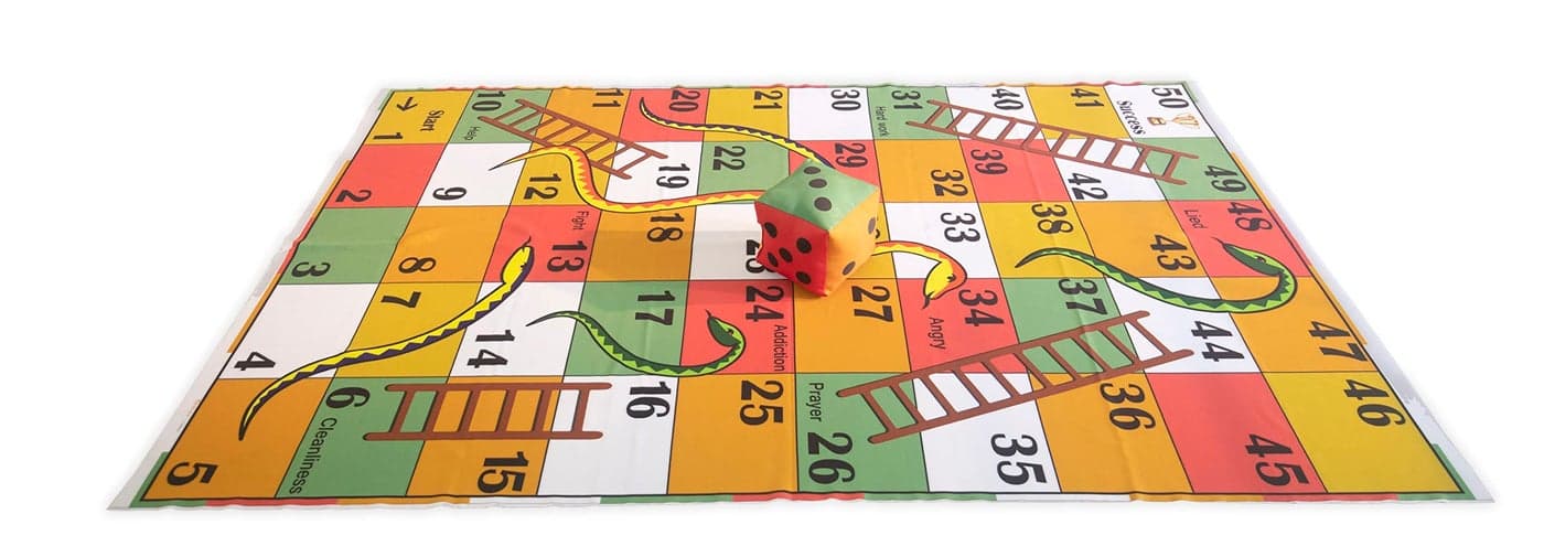 Cushion Villa Giant Outdoor Snakes & Ladders Lifesize Floor Game Mat with Jumbo Dice | Jumbo Play Floor Games | 5 x 7 Feet