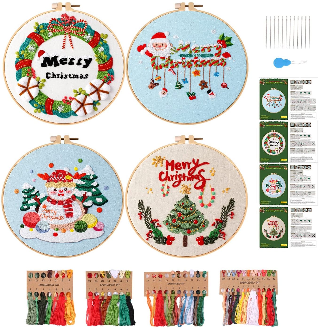 MAMUNU 4 Sets Christmas Embroidery Starter Kit for Beginners Merry Christmas Embroidery Kit Ornaments DIY Cross Stitch Set with 4 Plastic Embroidery HoopsInstructions and Tools
