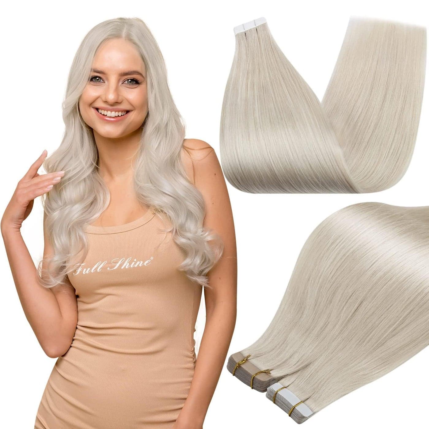 Full Shine PU Tape in Hair Extensions Color 1000 Blonde 22 Inch Skin Weft Glue in Hair Extensions Straight Hair Extension 50g Double Sided Tape ins Human Hair Extension Silky Smooth 20Pcs for Wedding