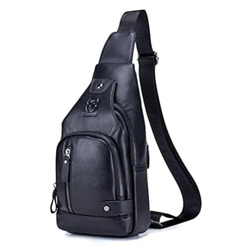 Hebetag Leather Sling Bag Casual Daypack for Men Women Outdoor Travel Hiking Camping Fishing Cycling Crossbody Shoulder Chest Pack Pouch Backpack Black