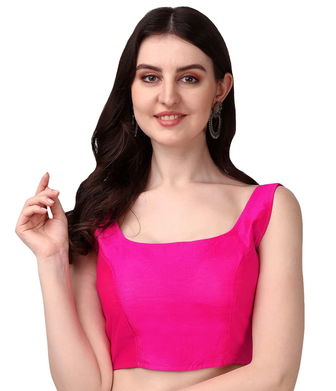 Pujia Mills Women's Deep Neck Silk Sleeveless Readymade Blouse (Sando Pink, 34)