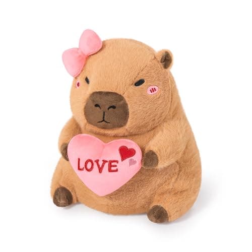 Ditucu Original Love Capybara Plush with Holding Heart 11 inch Cute Bow Stuffed Animal Soft Plushies Toys Romantic Sweet Valentines Day Gifts for Kids Girlfriend Brown