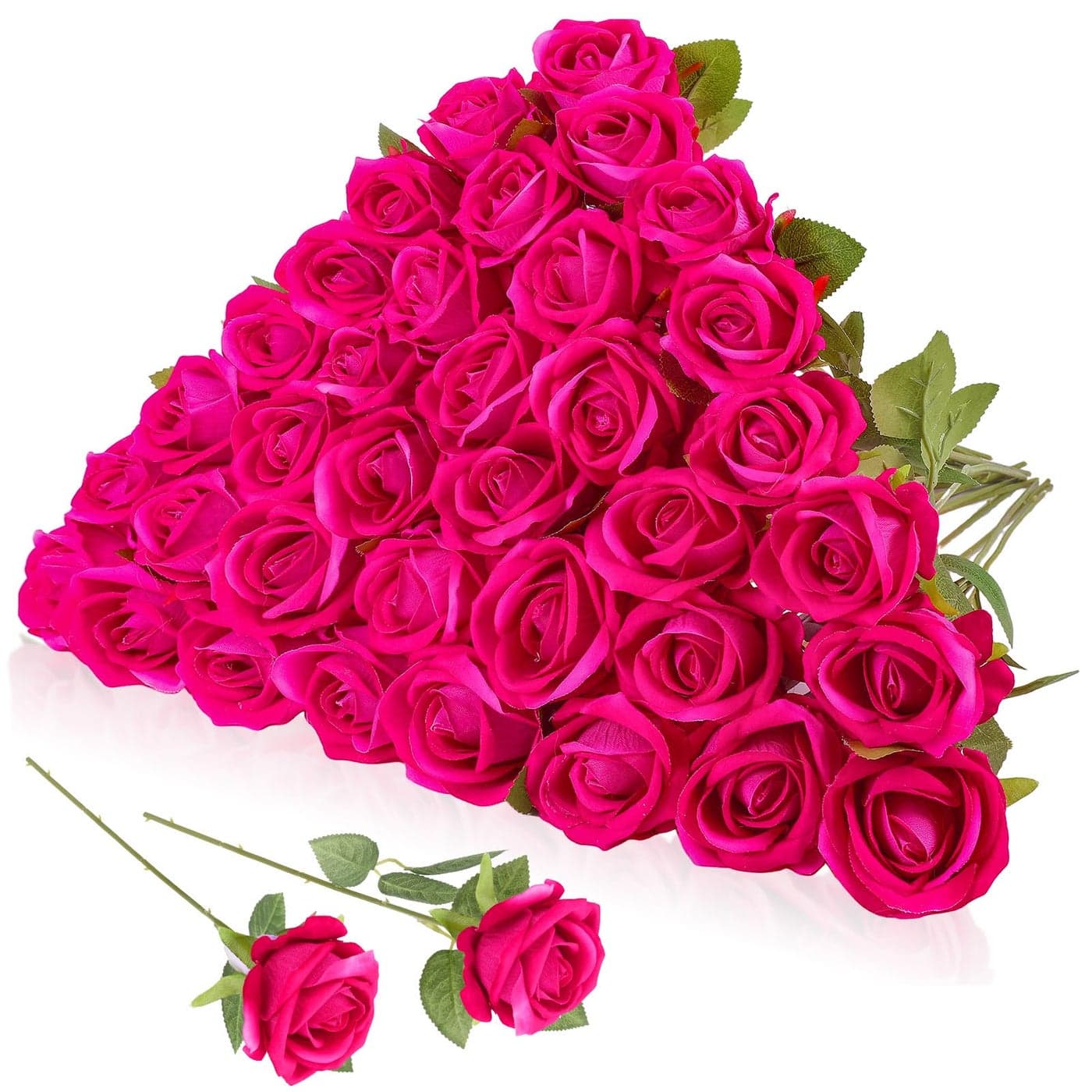 Hoemwarm 36 Pcs Velvet Silk Hot Pink Rose Bouquet Bridal Artificial FlowersFake Rose Long Stem Realistic Artificial Flowers Bulk for Wedding Bouquet Ball Arrangement Centerpiece Party DecorHot Pink
