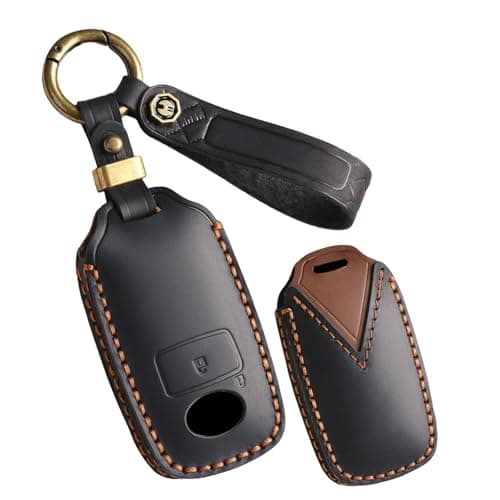 Ysbxitu HandSewn Leather Smart Key Fob Cover 2 Buttons Compatible with Daihatsu Rocky Tanto Toyota Raize Yaris Ativ Perodua Veloz Avanza Rush Key Controller Protective Cover Keychain Clip Black