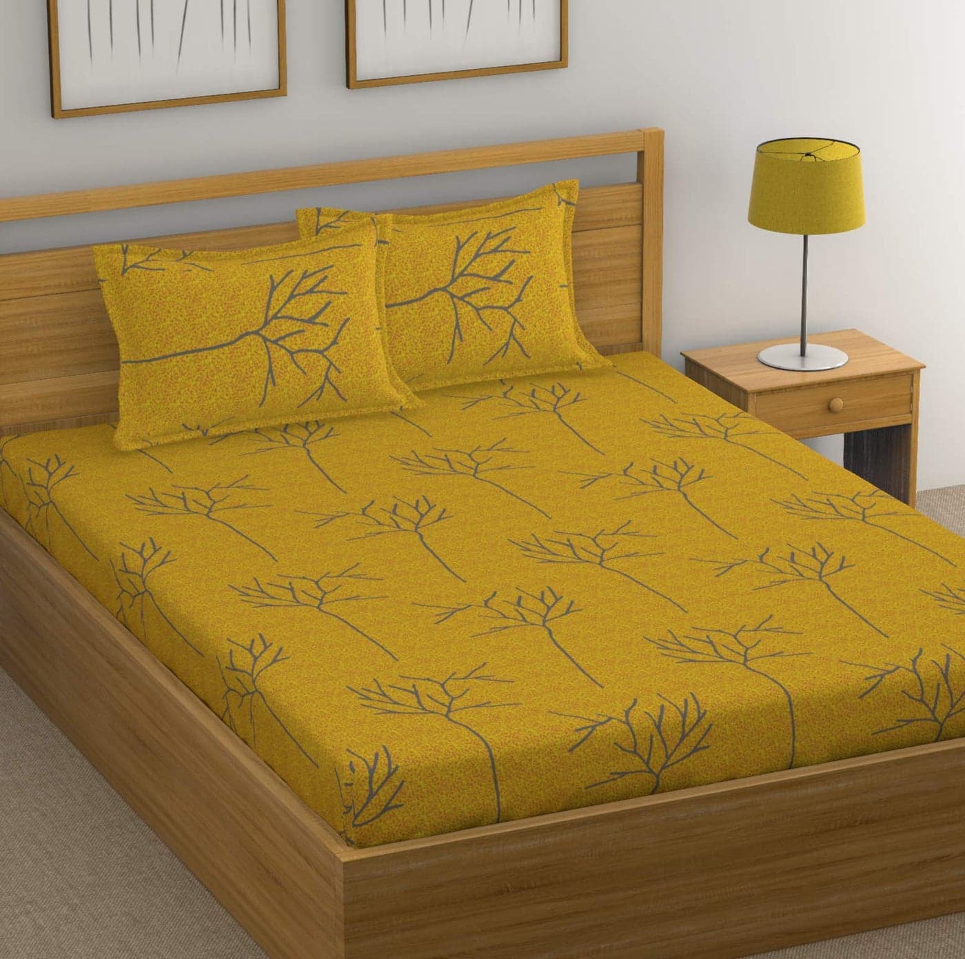 Huesland by Ahmedabad Cotton 144 TC Cotton King Size Bedsheet with 2 Pillow Covers - Yellow(9ft x 9ft)