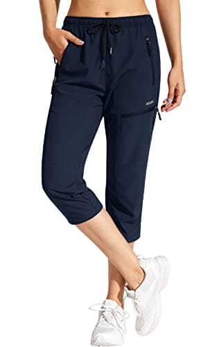 MOCOLY Women's Hiking Capris Pants Outdoor Lightweight Quick Dry Water Resistant UPF 50 Cargo Pants with Zipper Pockets Navy Blue M
