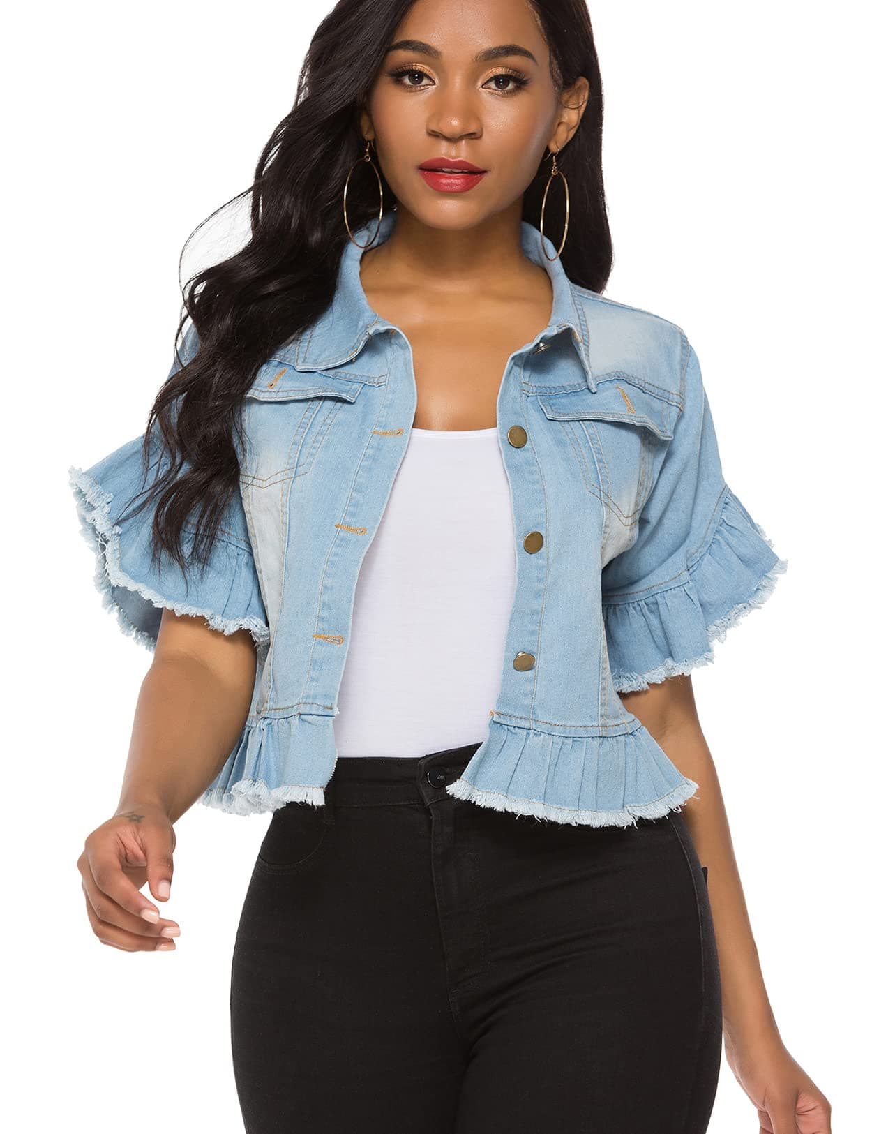 Suvimuga Women's Denim Jacket Button Down Distressed Ruffle Sleeve Crop Jean Jackets Coat Blue XXL