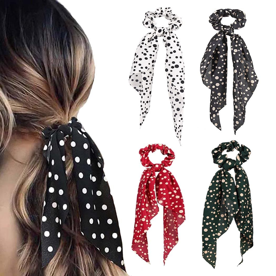 Chennie Bowknot Hair Scrunchies Black Bow Hair Ties Elastic Hair Scarf Hair Ropes Fashion Hair Accessories with Dot for Women and Girls Pack of 4