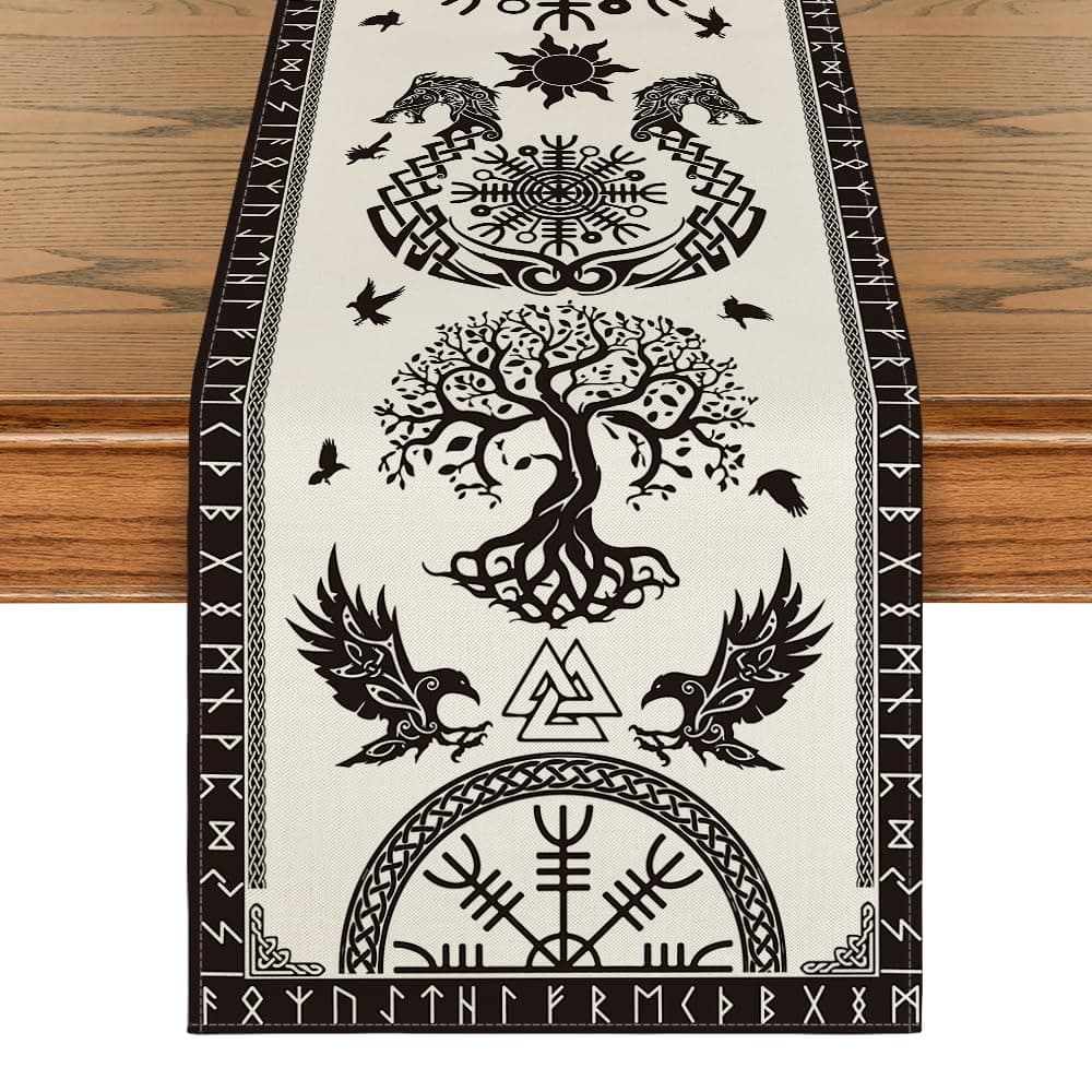 Artoid Mode Beige Viking Tree of Life Raven Helmet of Awe Table Runner Seasonal Kitchen Dining Table Decoration for Home Party Decor 13x72 Inch