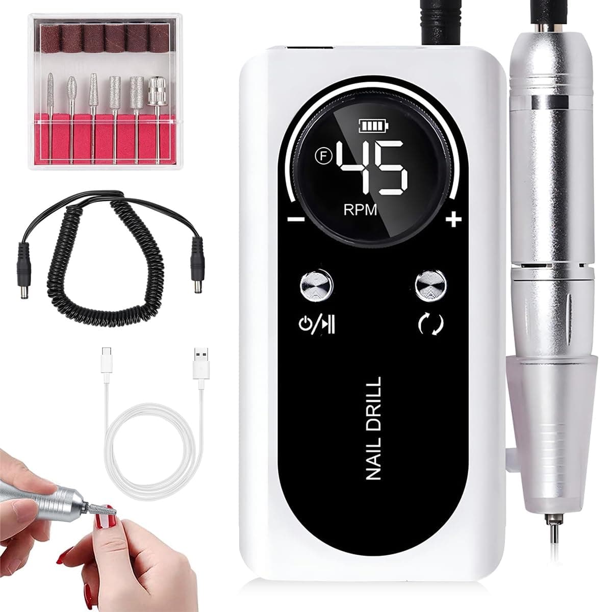 MAYCREATE Electric Nail Drill Machine Kit 45000RPM Professional Bidirectional Nail Drill LCD Display Electric Nail Drill with 5 Attachment Bits Sanding Paper Cordless Manicure Nail Drill