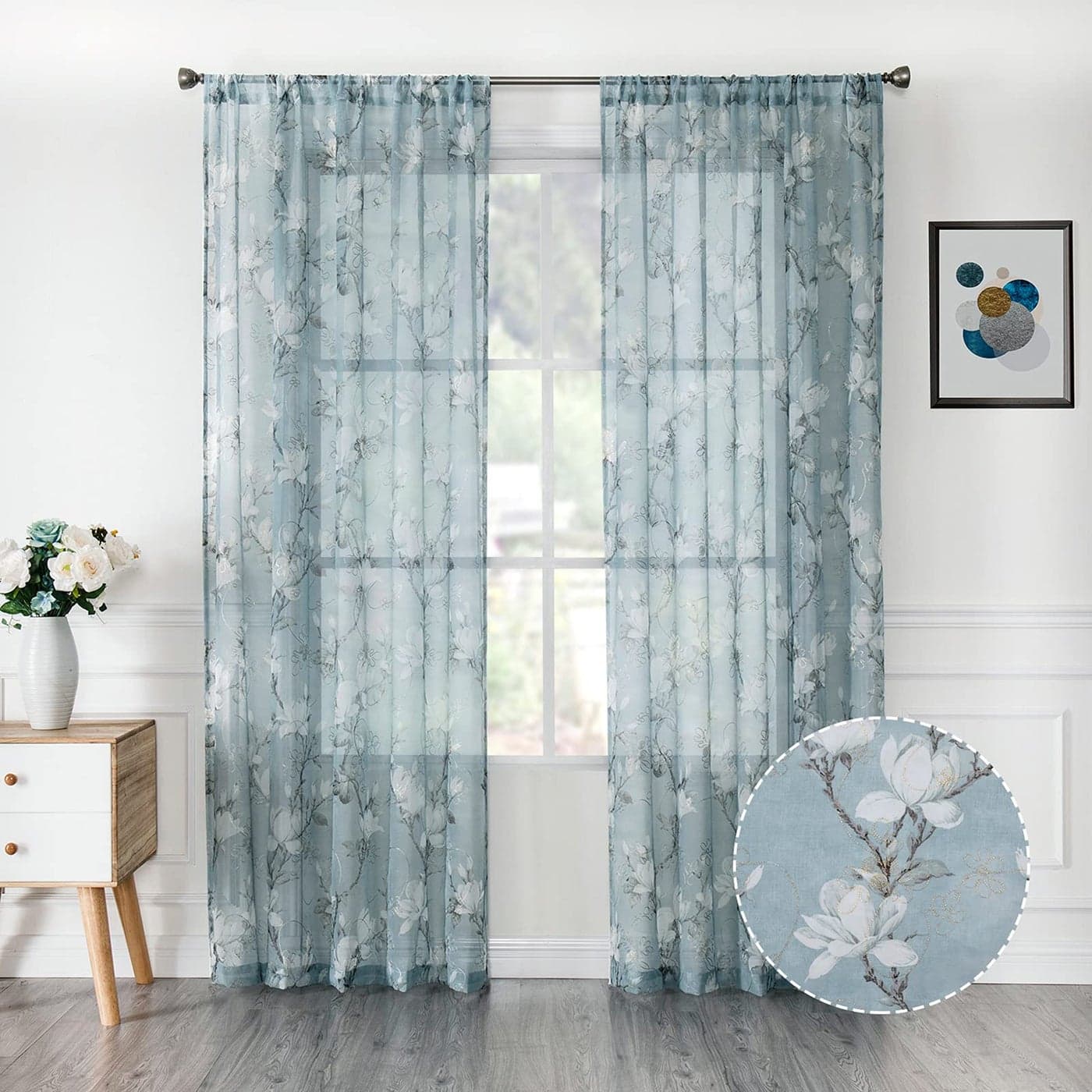 Tollpiz Floral Blue Short Sheer Curtains Flower Print Vine Embroidery Bedroom Curtain Rod Pocket Voile Window Curtains for Living Room 54 x 45 inches Long Set of 2 Panels