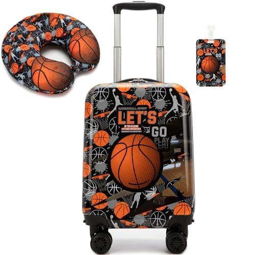 Inprof Kid’s Luggage Set 2 Piece Suitcase Set 16’’ Hardside Luggage with Spinner Wheels Girls Boys Carry on Toddler Luggage Travel Rolling Luggage Carry on Luggage Airline Approved Basketball