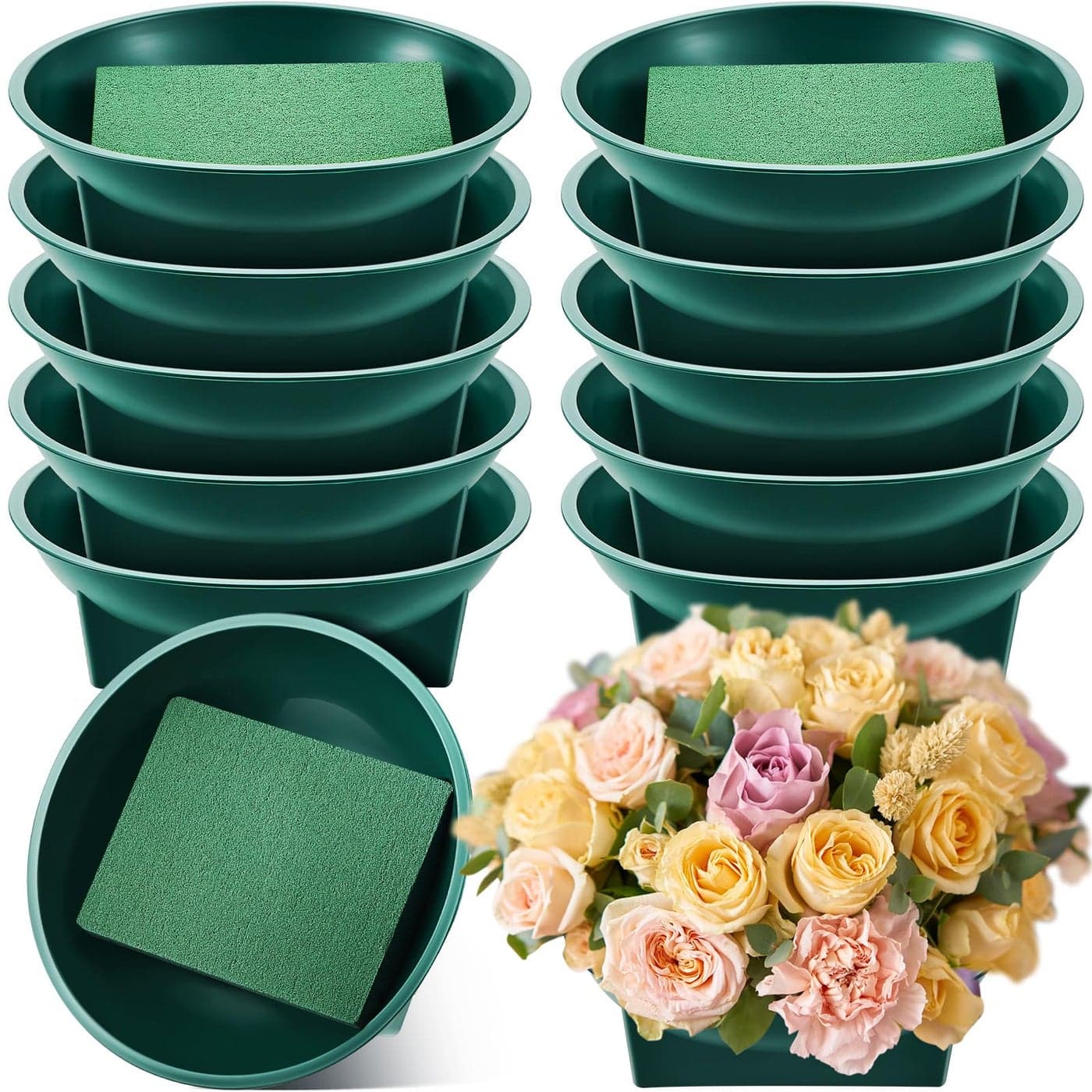 Sabary 12 Pack Large Size 63 Inch Floral Foam Round Bowls for Flower Arrangements Round Floral Supplies Flower Foam with Bowl Kit with Floral Foam Blocks for Table Party Wedding Festival Flower