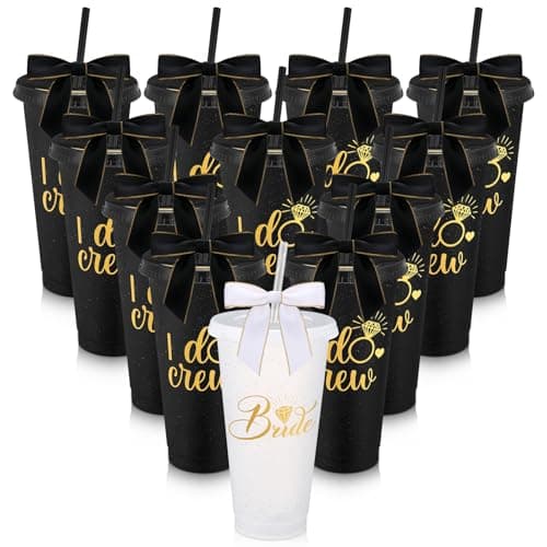 12 Pcs Bridesmaid Plastic Tumbler with Straw Lid and Twist Bow 24 oz I Do Crew and Bride Reusable Tumbler Bridal Party Proposal Gifts Bachelorette Party Gifts for Wedding Bridal Bridesmaid (Black)