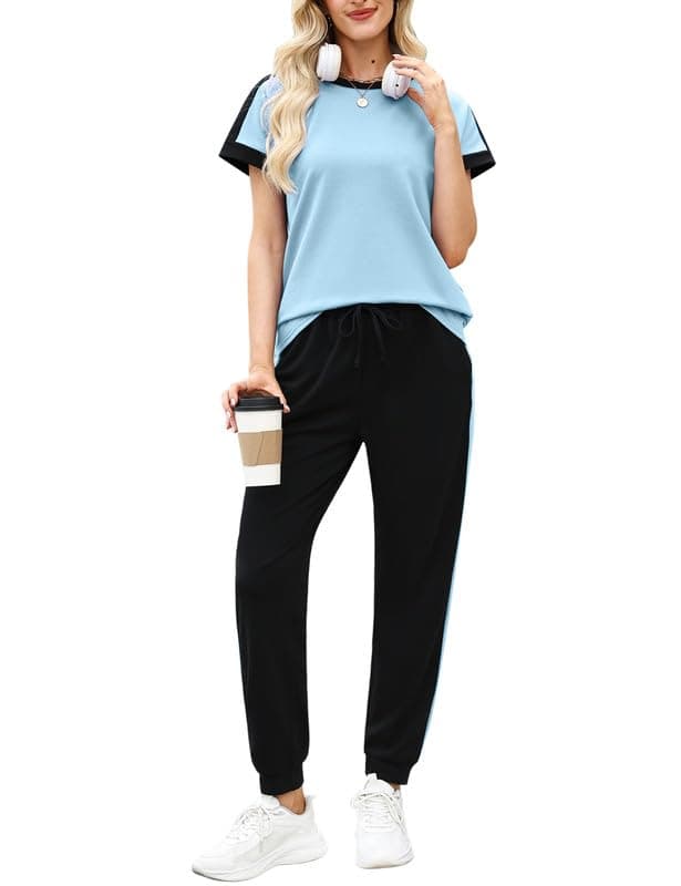 Women Short Sleeve 2 Piece Set Color Block Loungewear Sweatsuit Track Suit Set Jogging Suits with Pockets Blue S