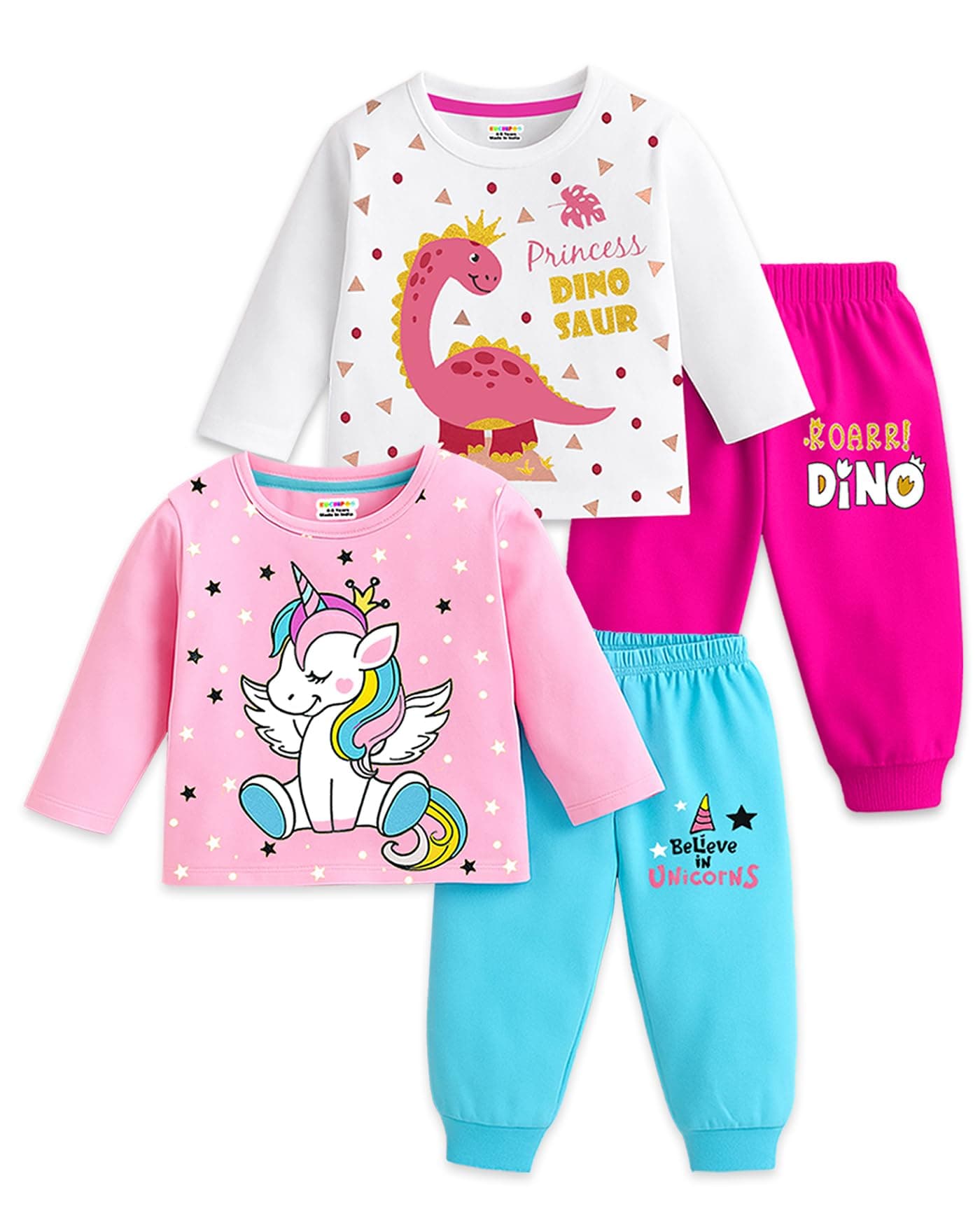 Kuchipoo Girl Regular Fit Cotton T-Shirts and Pyjamas Set (KUC-PSUT-163, 3-4 Years, Multi-Colored)