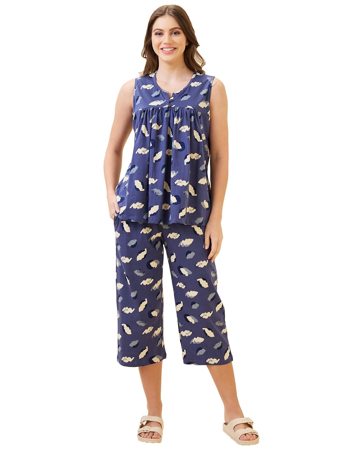 AV2 Women's Cotton Printed Round Neck Sleeveless Nightsuit Set | Capri Set | Casual Night Dress for Women Blue Medium 2890