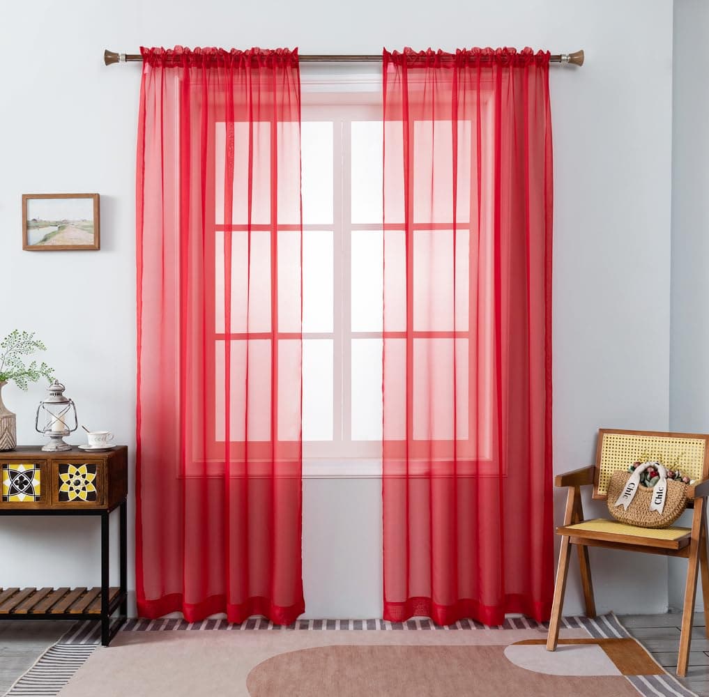 WPM Red Sheer Curtains 58 Wide x 84 Long 2 Panels Livingroom Window Treatment Rod Pocket Sheer Voile for Bedroom Kitchen Living Children Room Fully Stitched and Hemmed