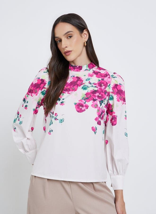 Styli Floral Print Long Sleeve Blouse — L
