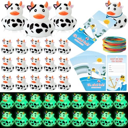 Motionchic 72 Pcs Glow in The Dark Rubber Cow Ducks Tag Cruise Kit Includes 24 Mini Cruising Rubber Cow Ducks with Cruising Tags Elastic Bands Party Favors Bulk for Hiding