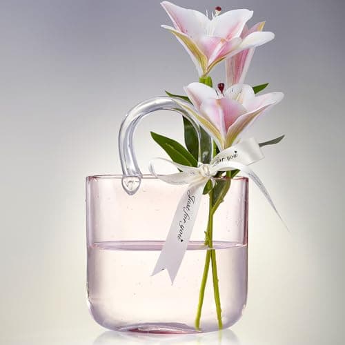 Lei-JG Thickened Glass Purse Vase for Flowers Gift Set-(Handmade 5mm Crystal-Unique Cute Clear Bag Vase with Reinforced Gift Box, Premium Table Centerpiece for Wedding/Mothers Day (Light Pink)