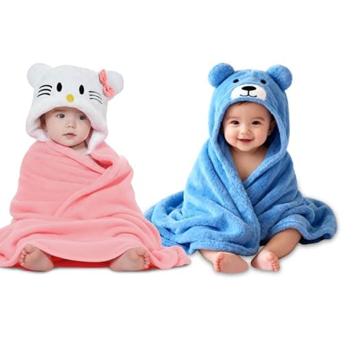 OYO BABY Newborn Baby Blanket & Bath Towel/Bath Robe Combo Pack – 2 Pieces, Fleece (Pink Kitty & Blue Bear), Multi-Use for Babies 0-12 Months
